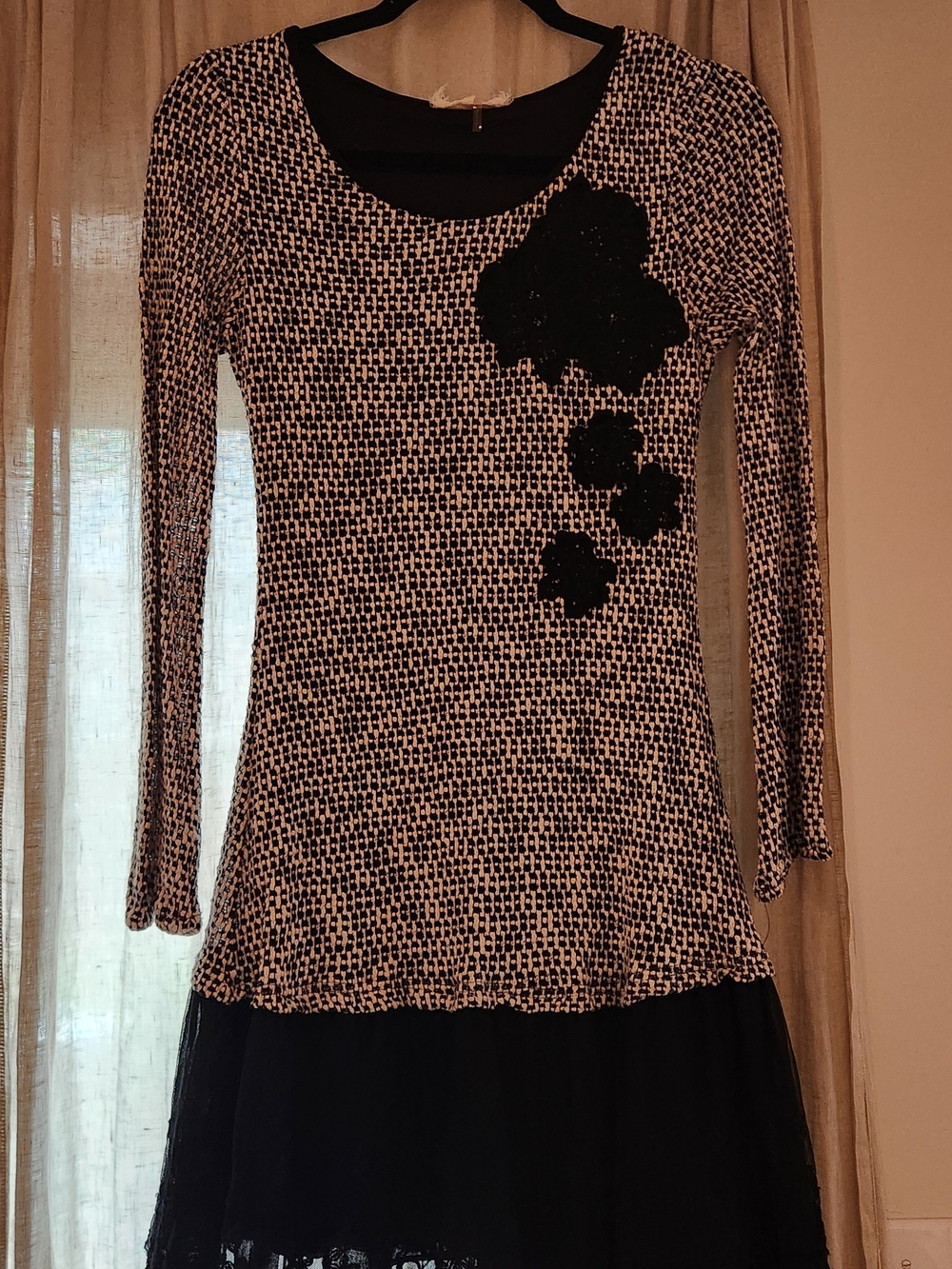 A'Reve Black and White Long Sleeve Mini Dress with Floral Appliqué